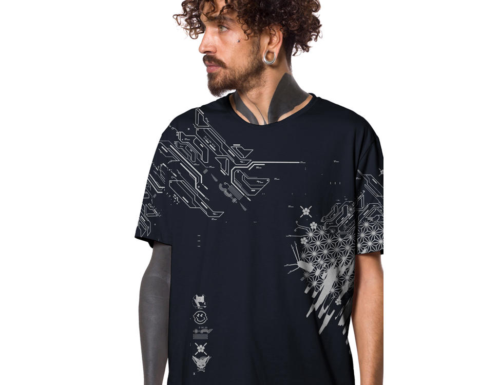 man dark blue t-shirt with a digital cyber style print 